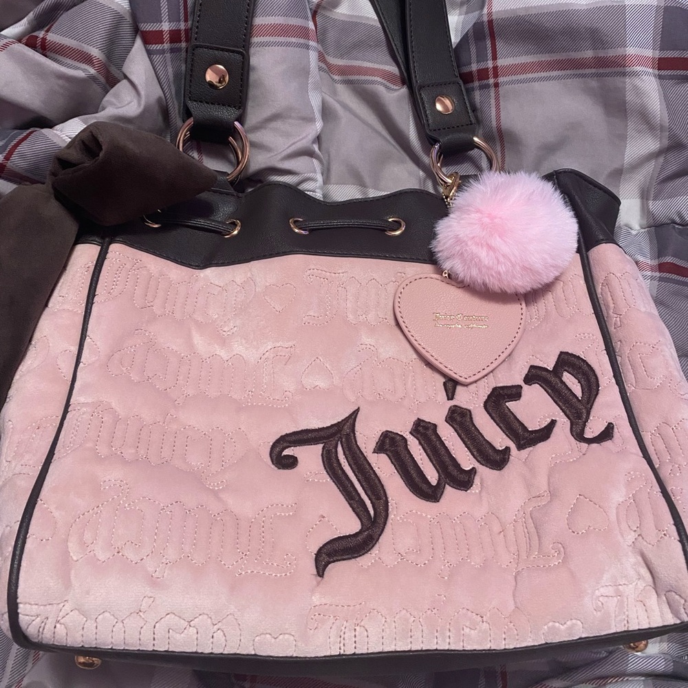 Juicy Couture Pink and Black Shoulder Bag with Pom-Pom